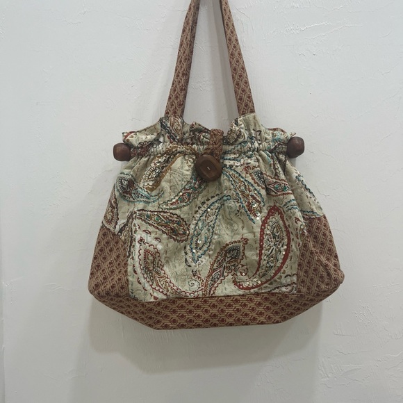 World Market Boho Cottagecore Paisley Wood Accents Satchel Handbag Purse - Picture 2 of 12